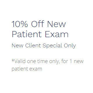 ten percent off new patient exam for new clients only valid one time only