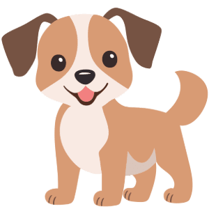 Cartoon image of a small brown and beige dog with black